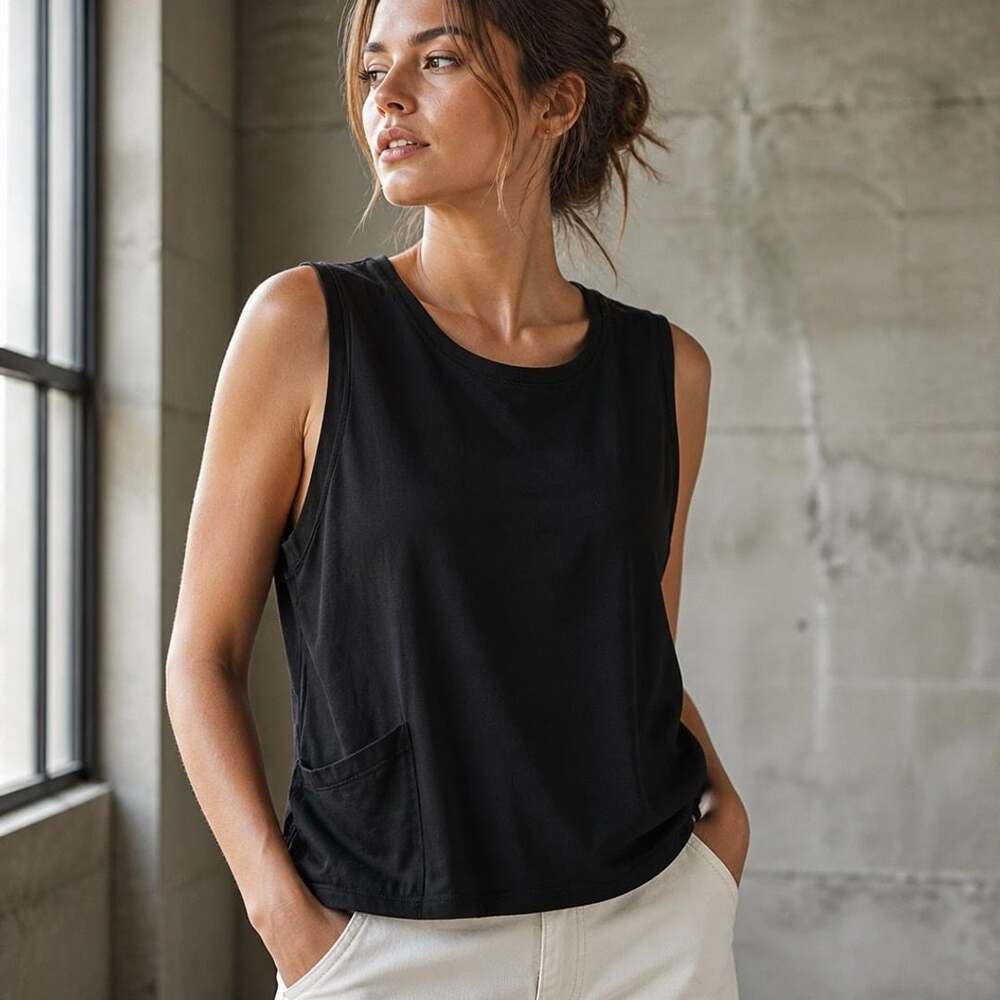 Eileen Fisher Black Crew Neck Tank Top with Pocket Size 2X